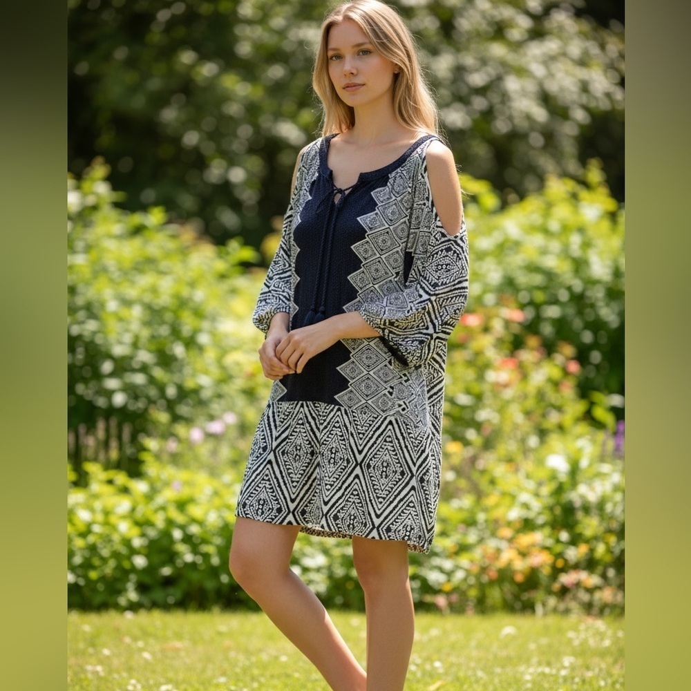 Flying Tomato Navy & White Patterned Mini Cold Shoulder Ruffle Hem Dress Size M